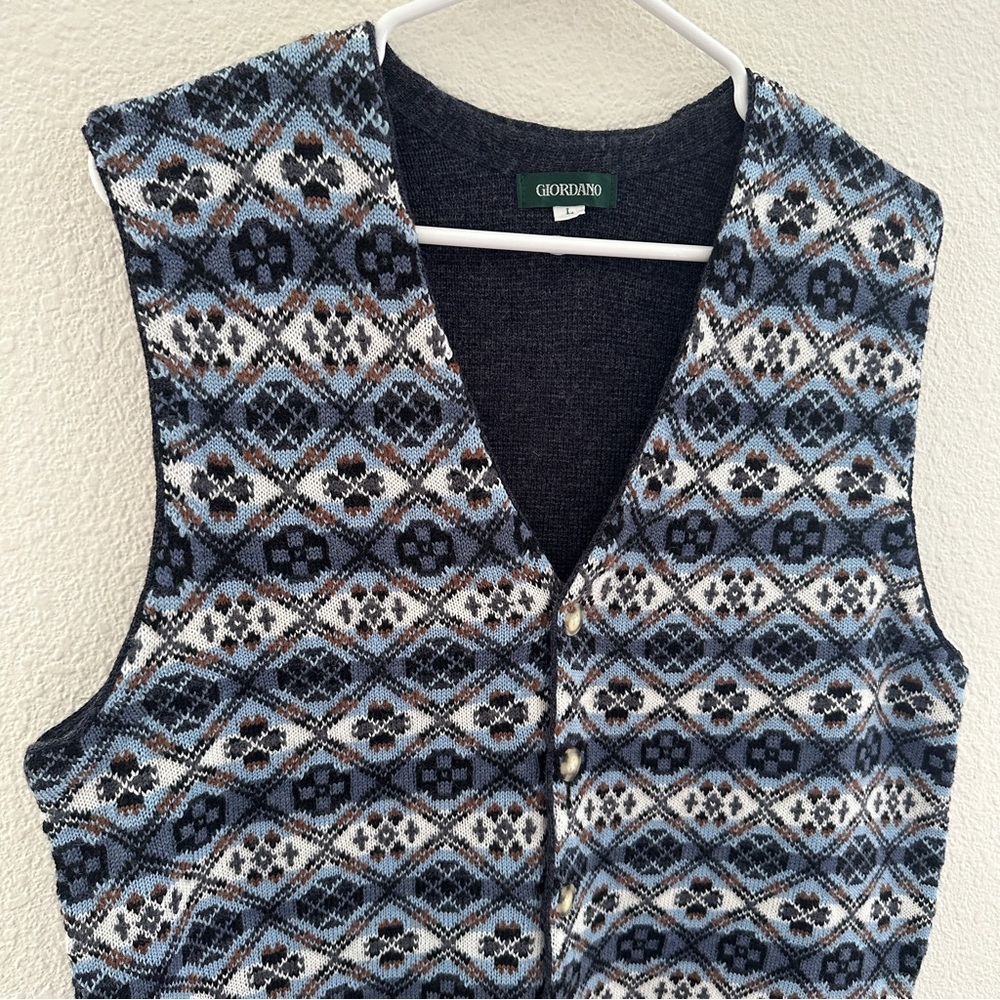 Giordano Wool‎ blend Fair Isle Sweater Vest - Cozy Grandpacore Preppy Academia L - Picture 3 of 9